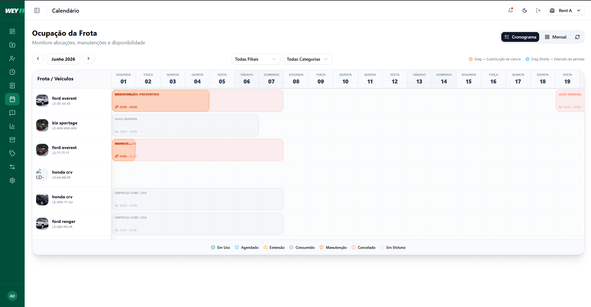 Calendário Gantt de ocupação da frota